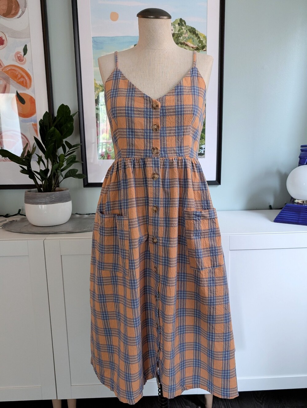 Gilli Orange & Blue Plaid Button-Front Midi Dress